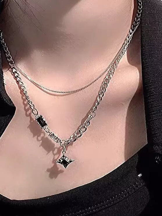 Mangxing Double Layer Necklace Men's Trendy Sweater Chain Light Luxury Niche Design Hip-Hop Style Couple Boys and Women's Clavicle Chain